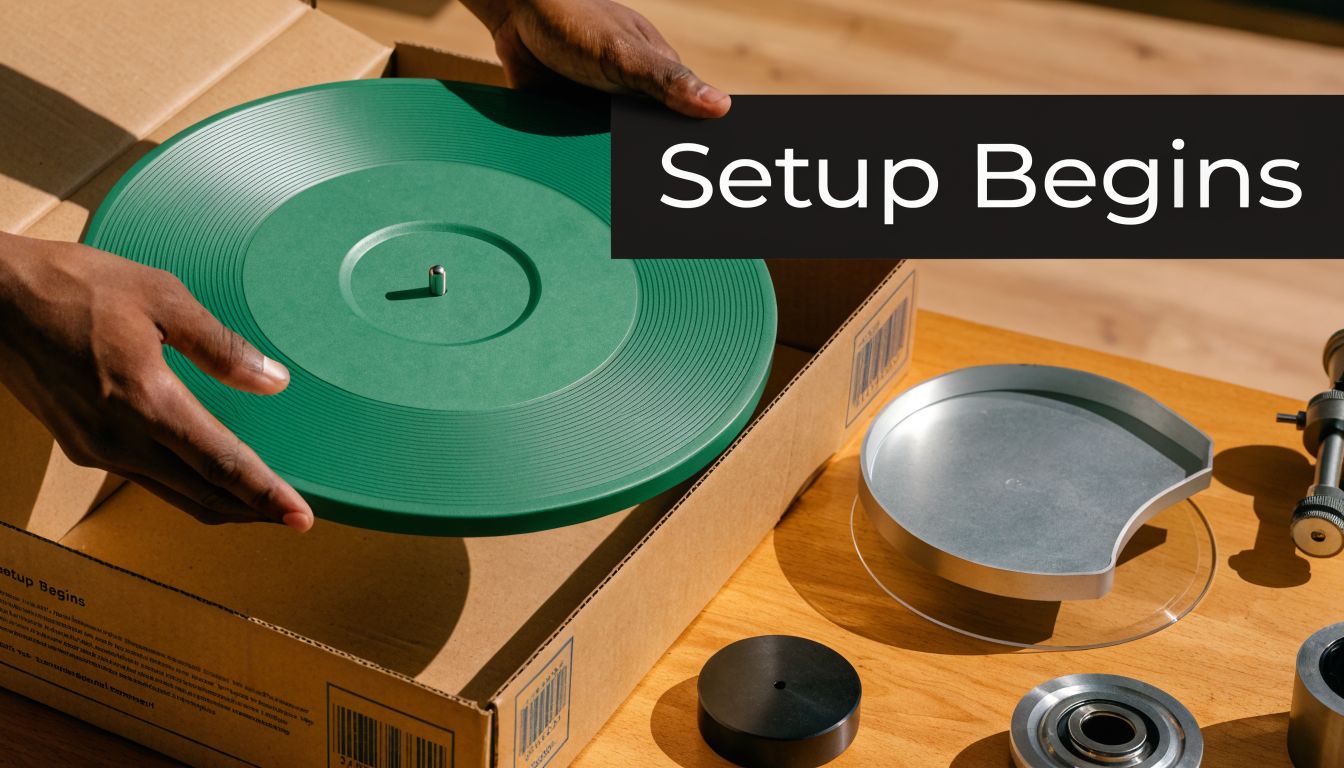 A person carefully unpacking components of a record player from a cardboard box on a wooden table.
