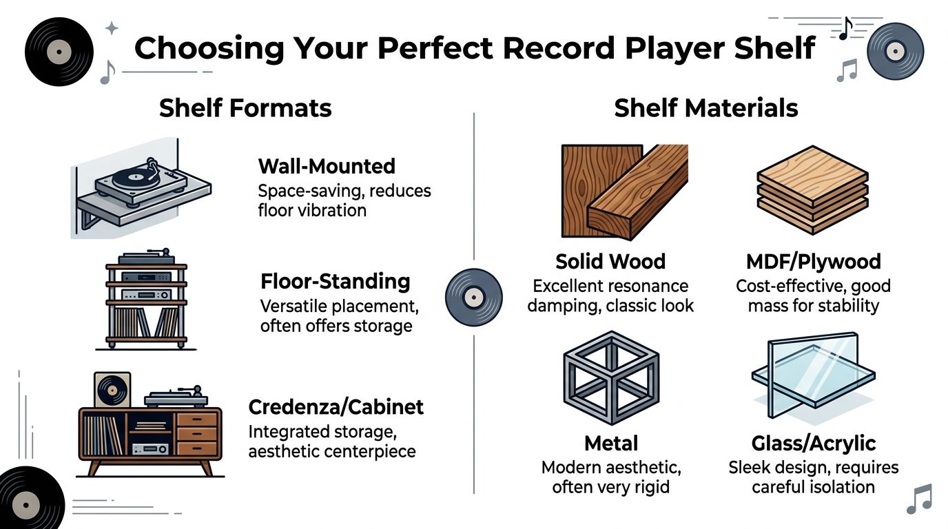 An infographic showing various types of record player shelves and materials used to support turntables.