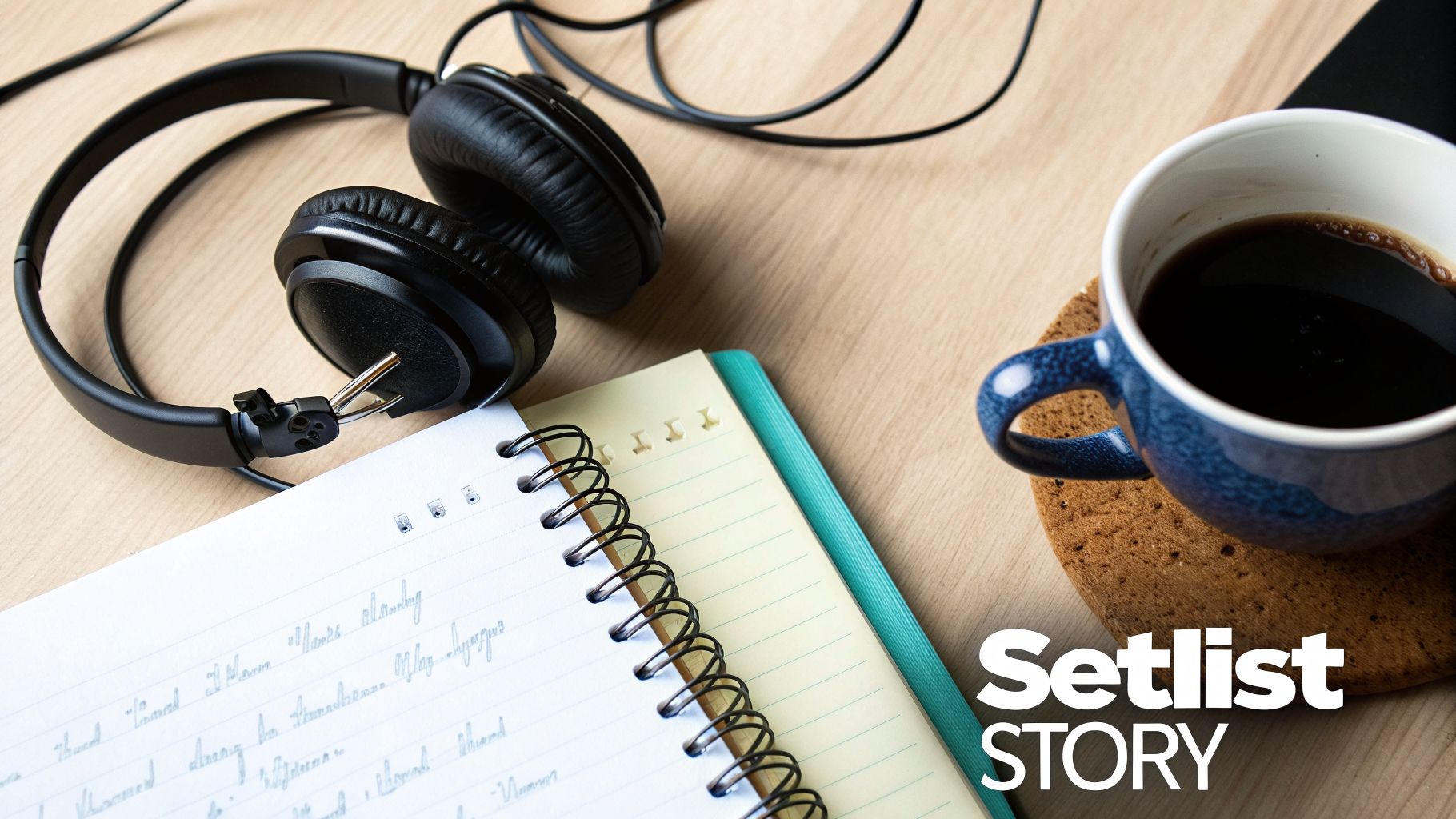 Overhead shot of black headphones, a spiral notebook with handwritten notes, and a blue coffee mug on a wooden desk.