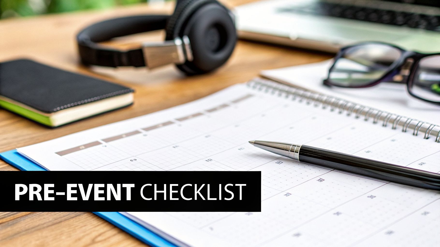 A desk with a pre-event checklist on a calendar, pen, headphones, notebook, and glasses.