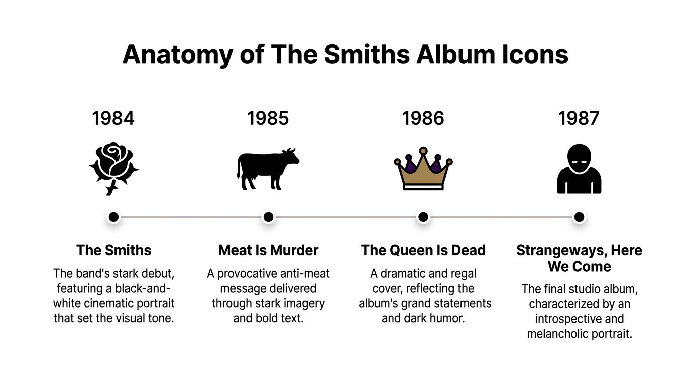 A timeline graphic showing iconic album covers by The Smiths from 1984 to 1987 with descriptive text.