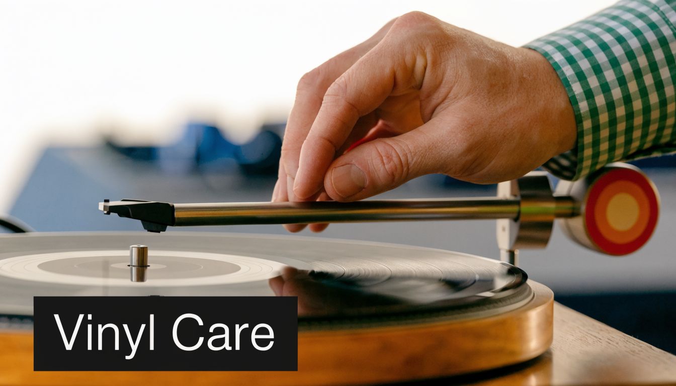A hand gently positioning the tonearm of a turntable onto a black vinyl record for playback.