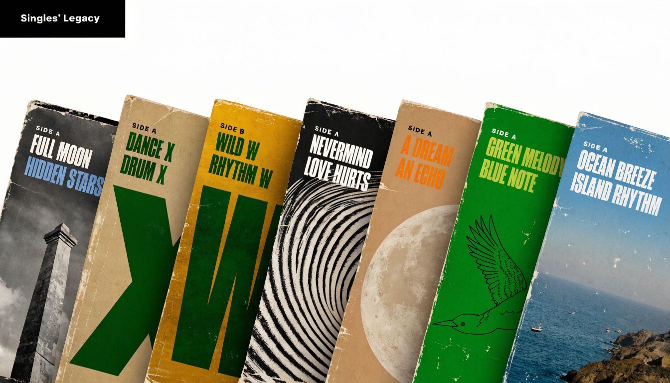 A line of vintage-style record covers featuring diverse artistic designs and bold typography against a white background.