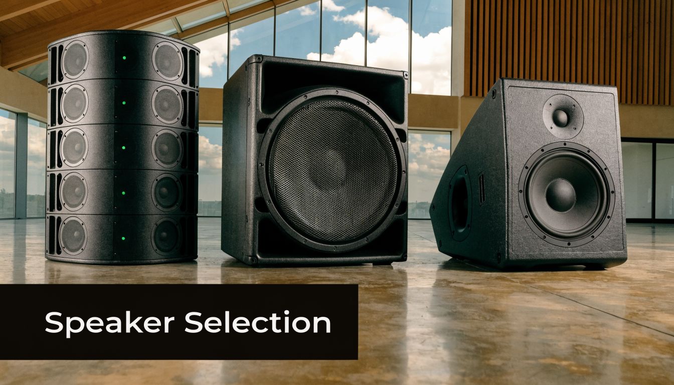 A professional audio setup featuring a vertical line array speaker, a large subwoofer, and a studio monitor.
