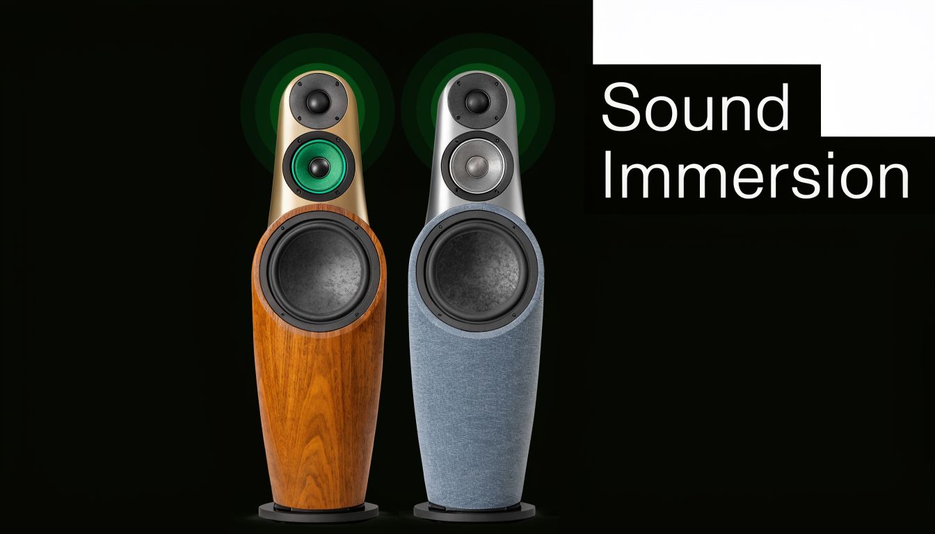 Two premium floor-standing speakers featuring distinct wood and fabric finishes isolated against a dark background.