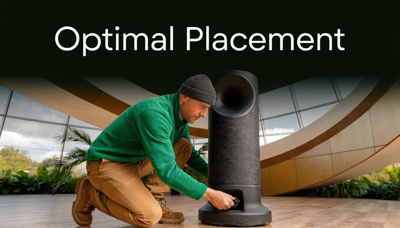 A man in a green fleece kneeling while adjusting the base of a modern, tall cylindrical speaker.