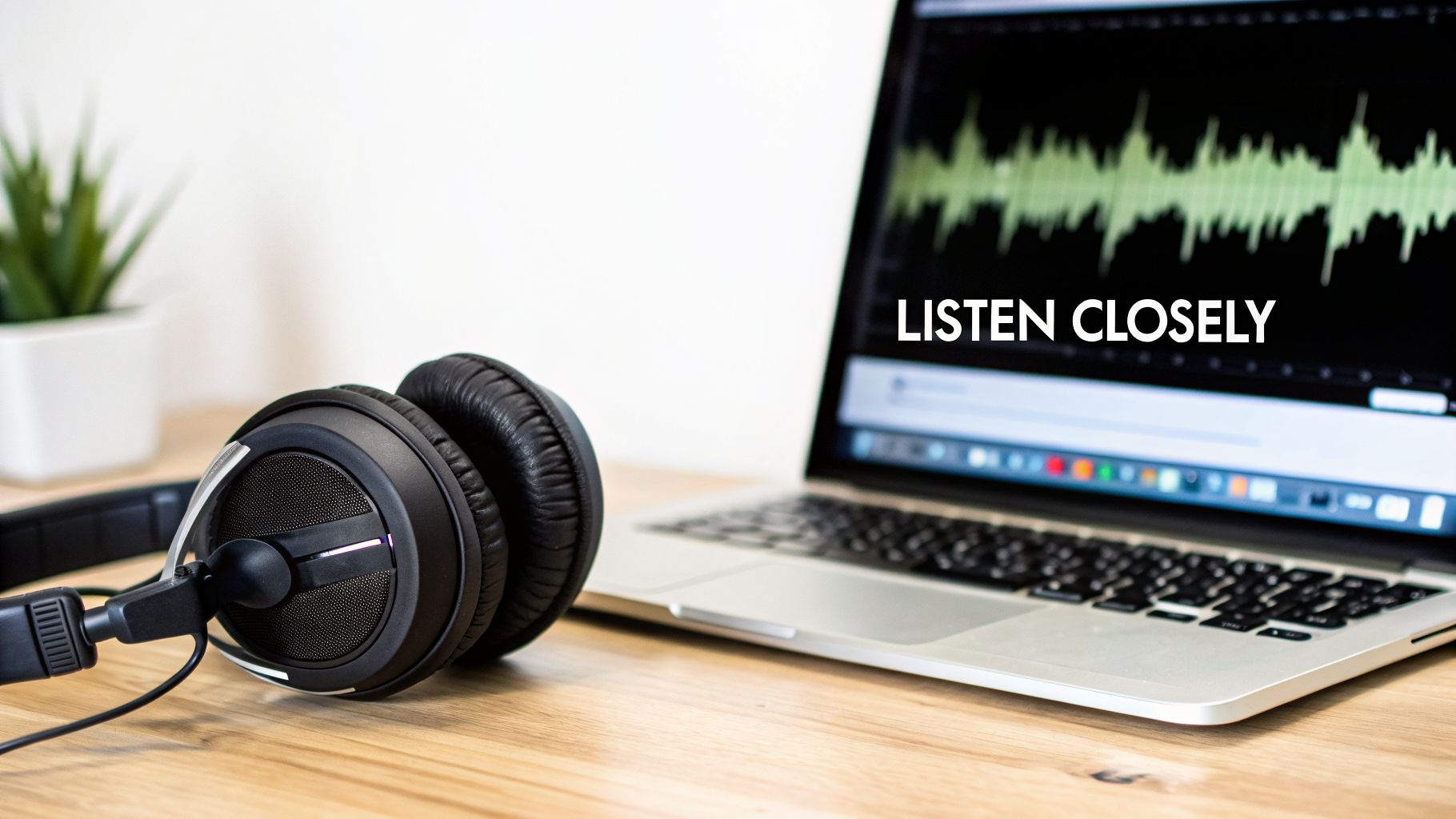 Black headphones resting on a wooden desk next to a laptop displaying an audio waveform and "LISTEN CLOSELY".