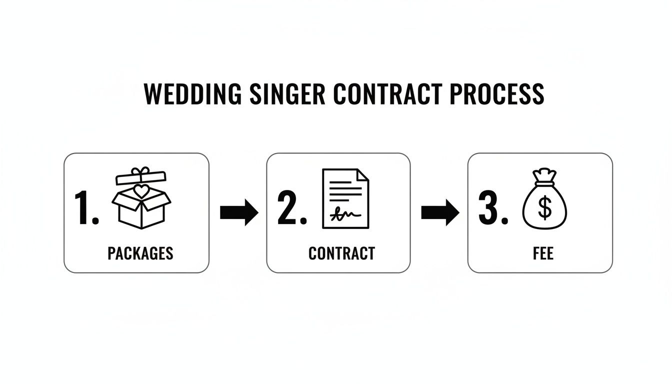 A flowchart outlining the wedding singer contract process, showing steps for packages, contract, and fee.
