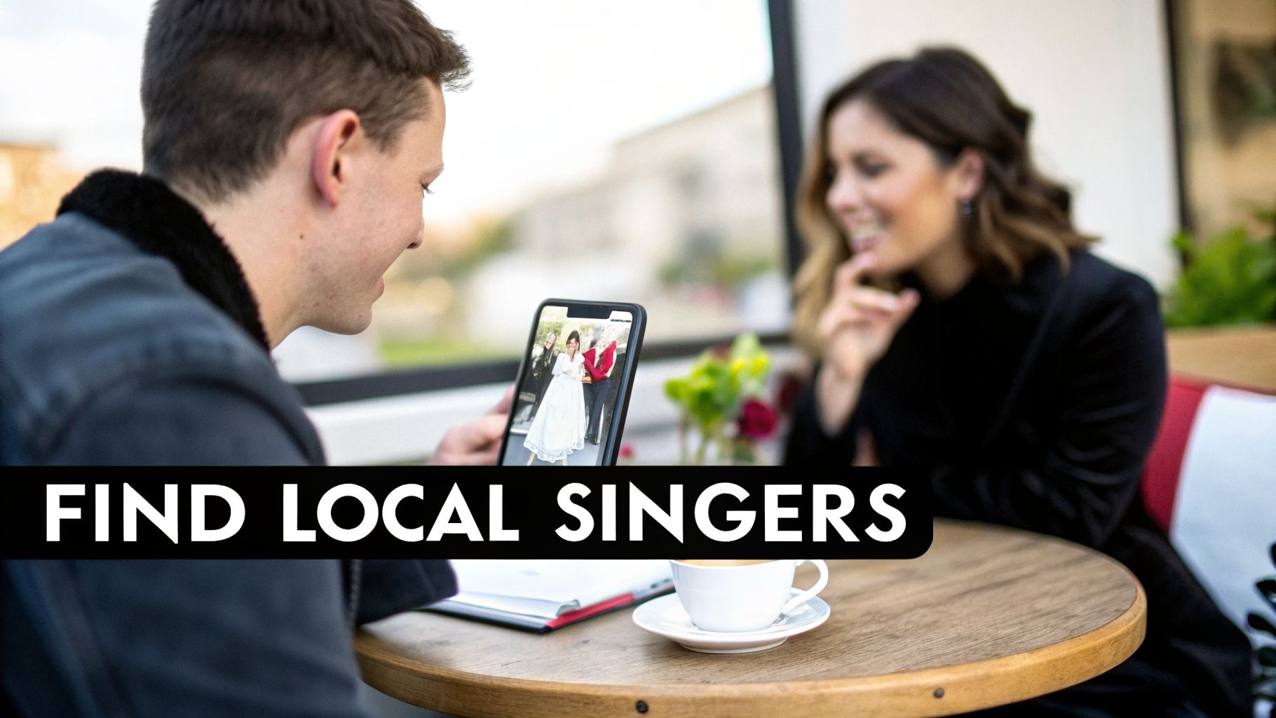 A man views a picture of a woman in a wedding dress on his phone, with a smiling woman across a table. Text: FIND LOCAL SINGERS.