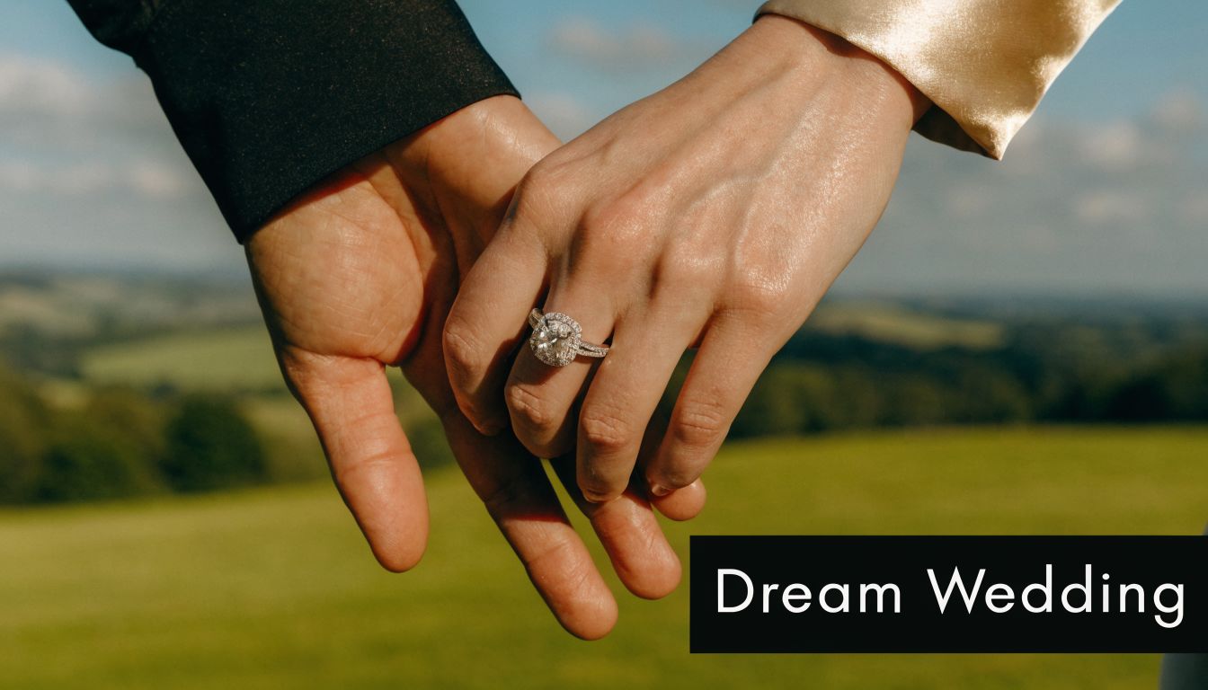 A close-up view of an engaged couple holding hands outdoors against a beautiful green landscape.