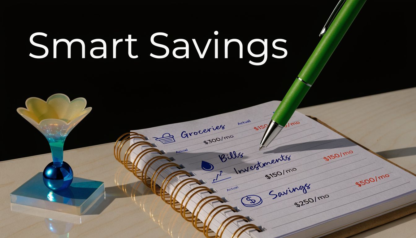 A notepad listing financial goals like groceries, bills, investments, and savings next to a green pen.