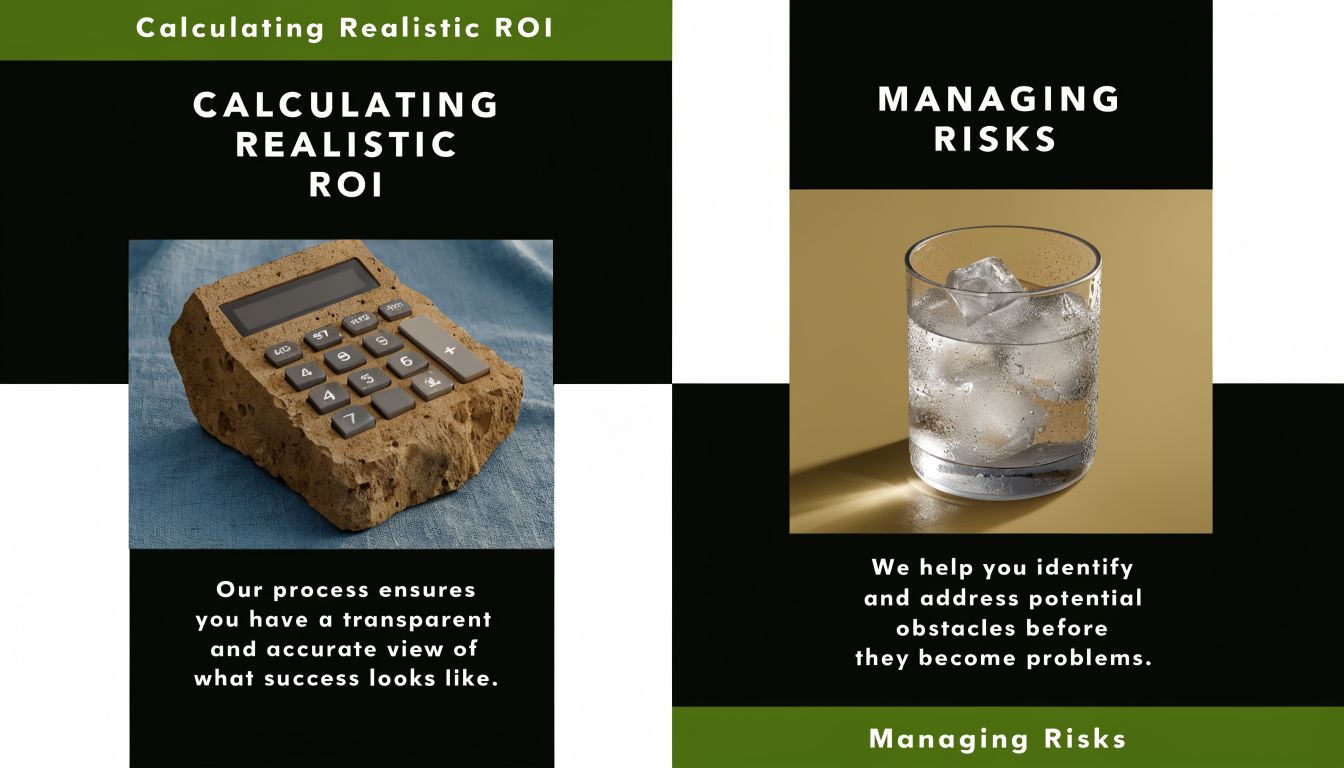 A split image showing a rock calculator for calculating ROI and a glass of ice for managing risks.