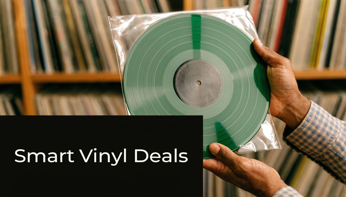 A person holding a green vinyl record inside a clear plastic sleeve in a record shop.