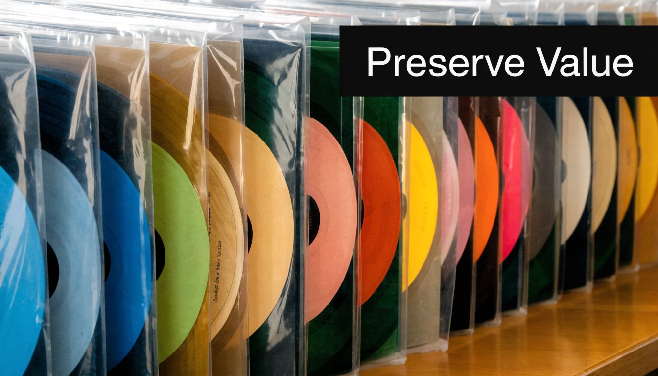 A row of colorful vinyl records displayed in individual protective plastic sleeves on a wooden shelf.