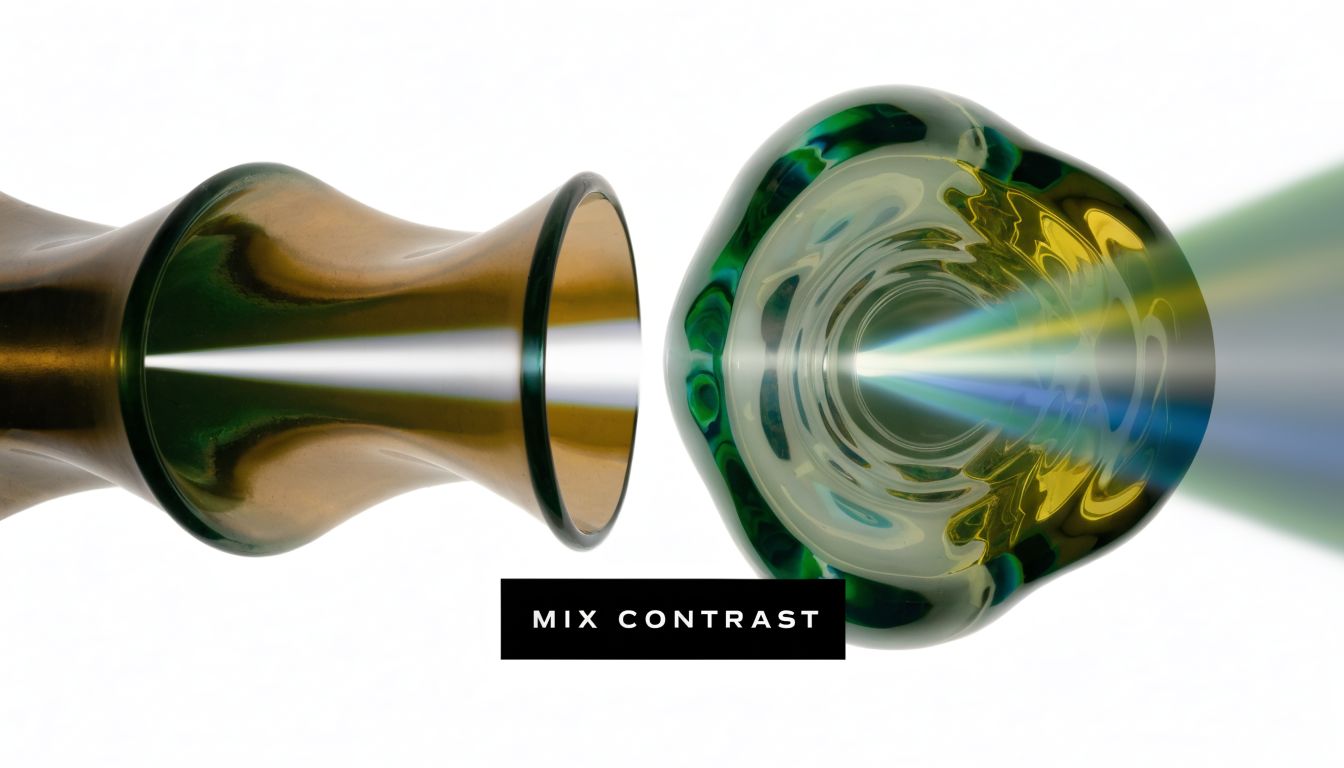 An artistic composition featuring two glass forms with light beams creating a visual mix contrast effect.