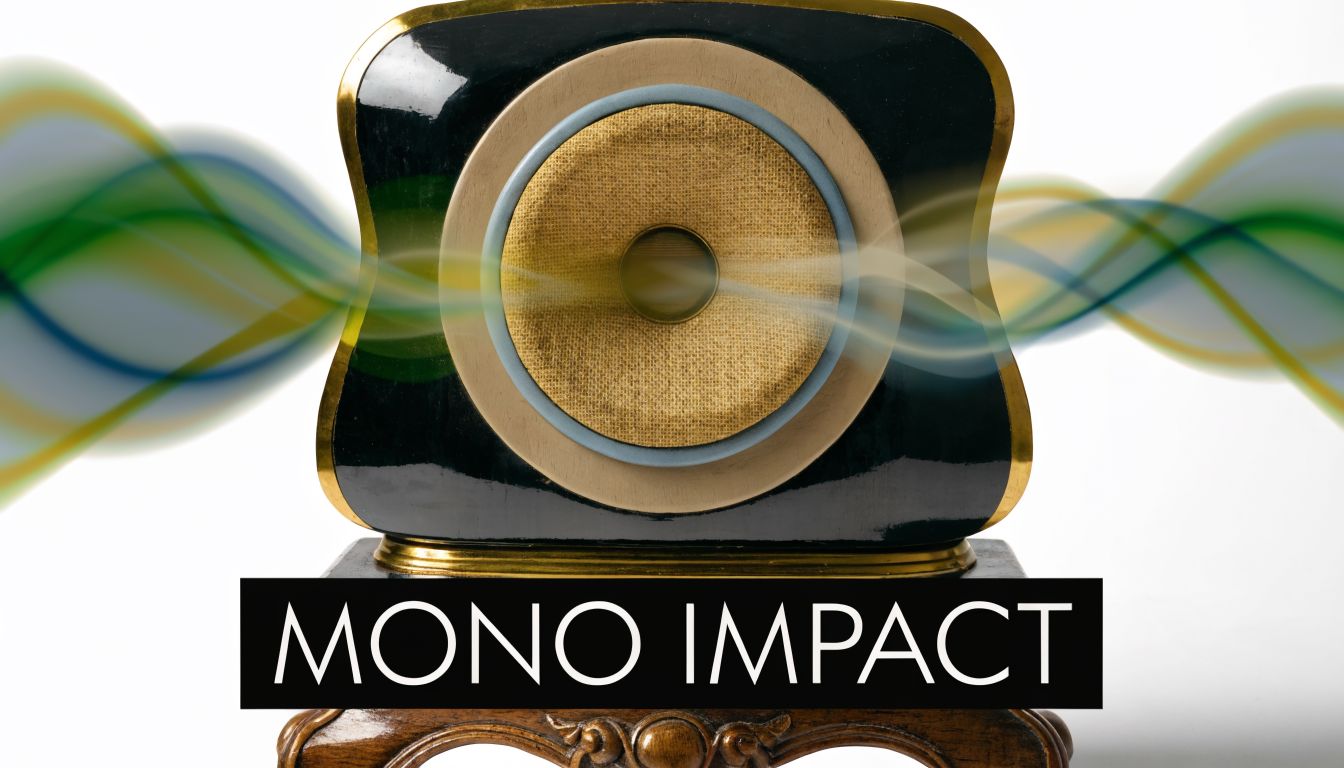 A vintage-style speaker emitting stylized sound waves with the text Mono Impact displayed below it.