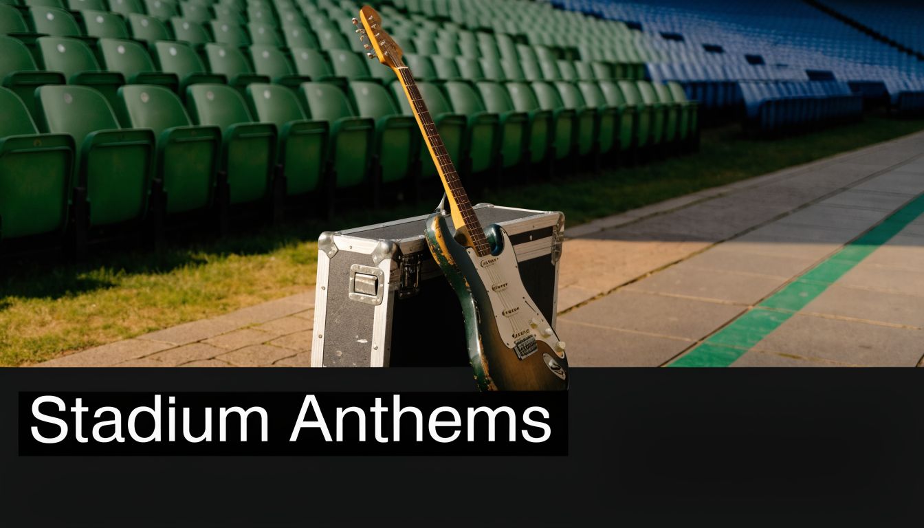 A worn vintage electric guitar leaning against a black equipment case in an empty outdoor stadium