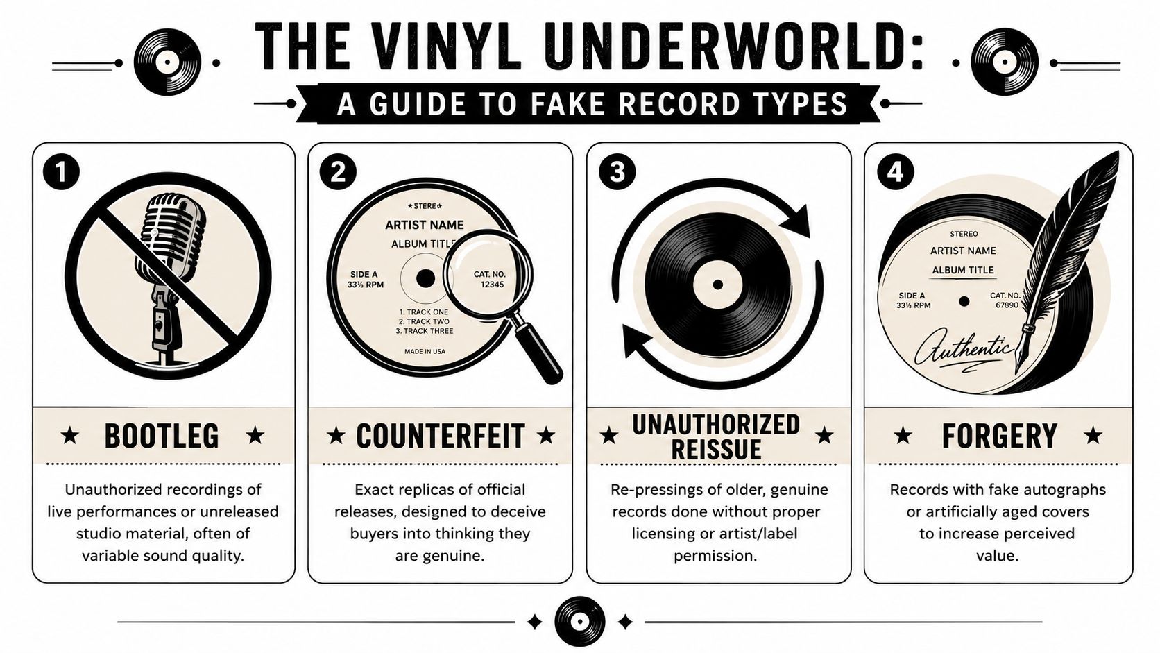 An educational infographic titled The Vinyl Underworld explaining four common types of fake and unauthorized vinyl records.