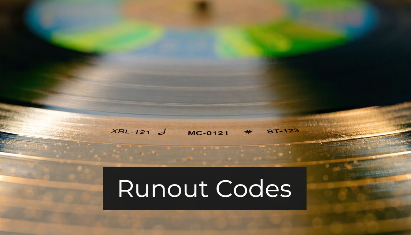 A close-up view of runout codes etched into the smooth dead wax area of a vinyl record.