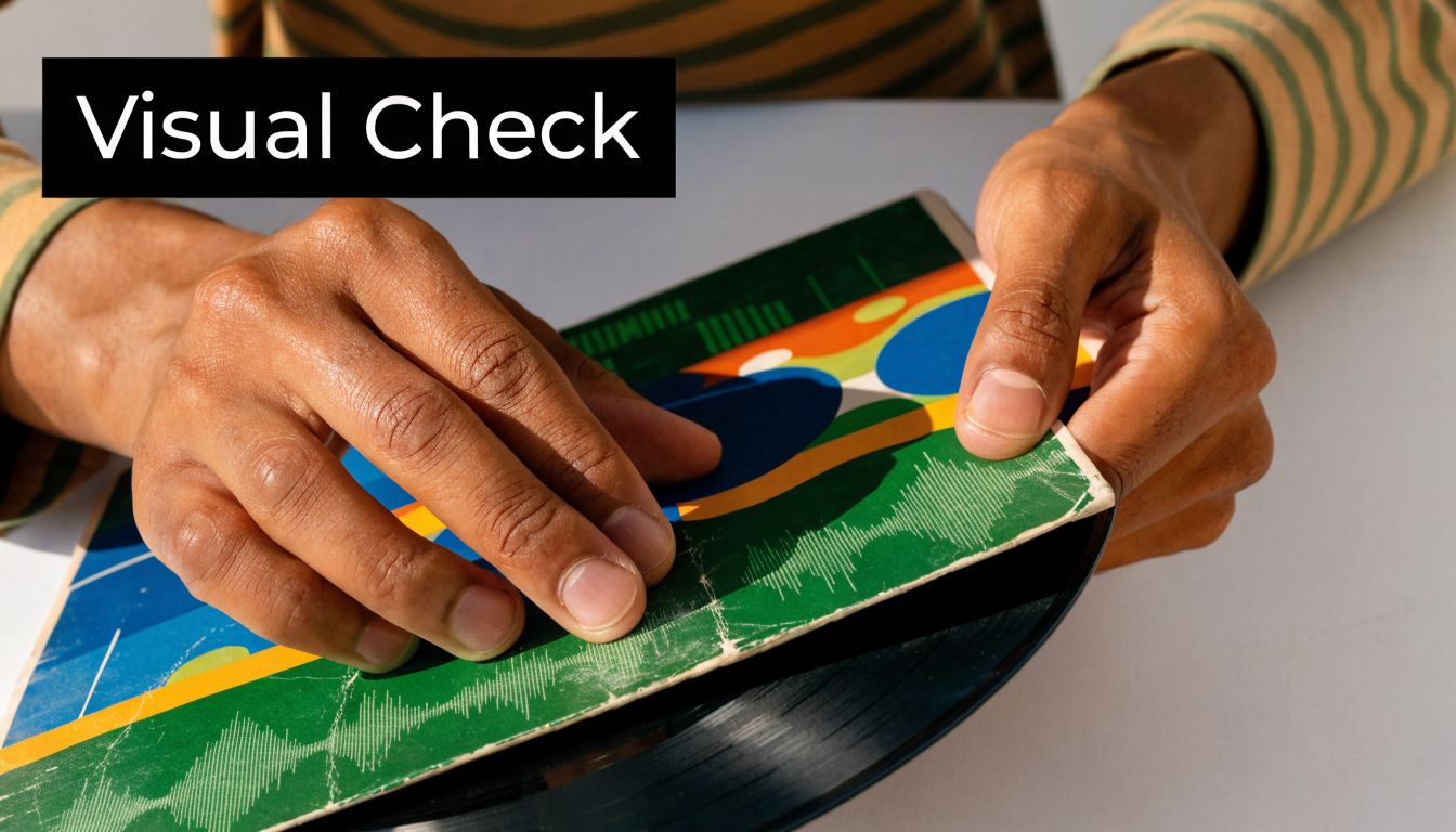 A person inspects a vinyl record sleeve featuring colorful abstract sound wave graphics and shapes.