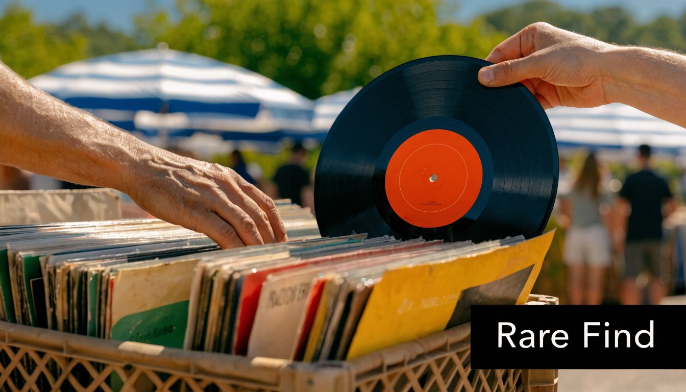 A person browsing a crate of vintage vinyl records while holding a black record with a red label.