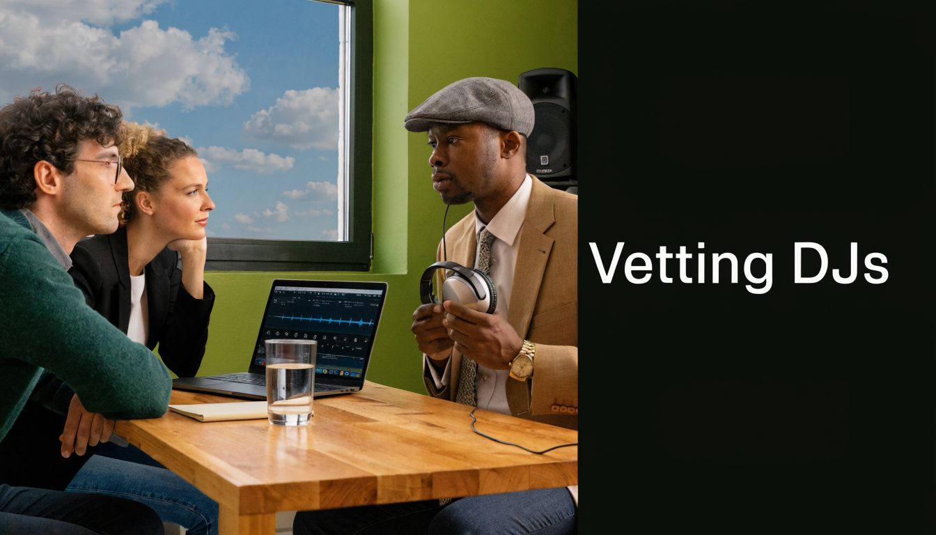 A professional team reviewing music tracks on a laptop during a meeting about hiring a wedding DJ.