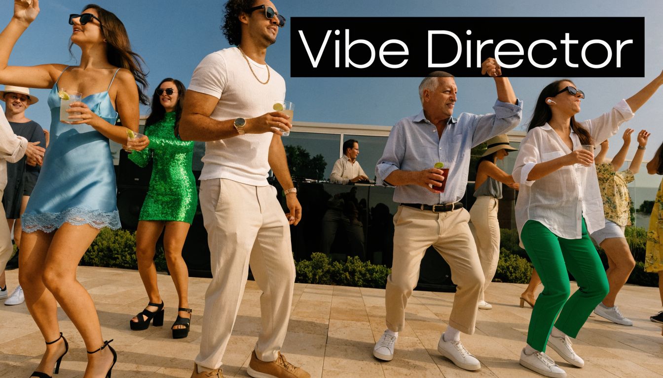 A diverse group of people dancing at an outdoor party with a DJ and drinks.