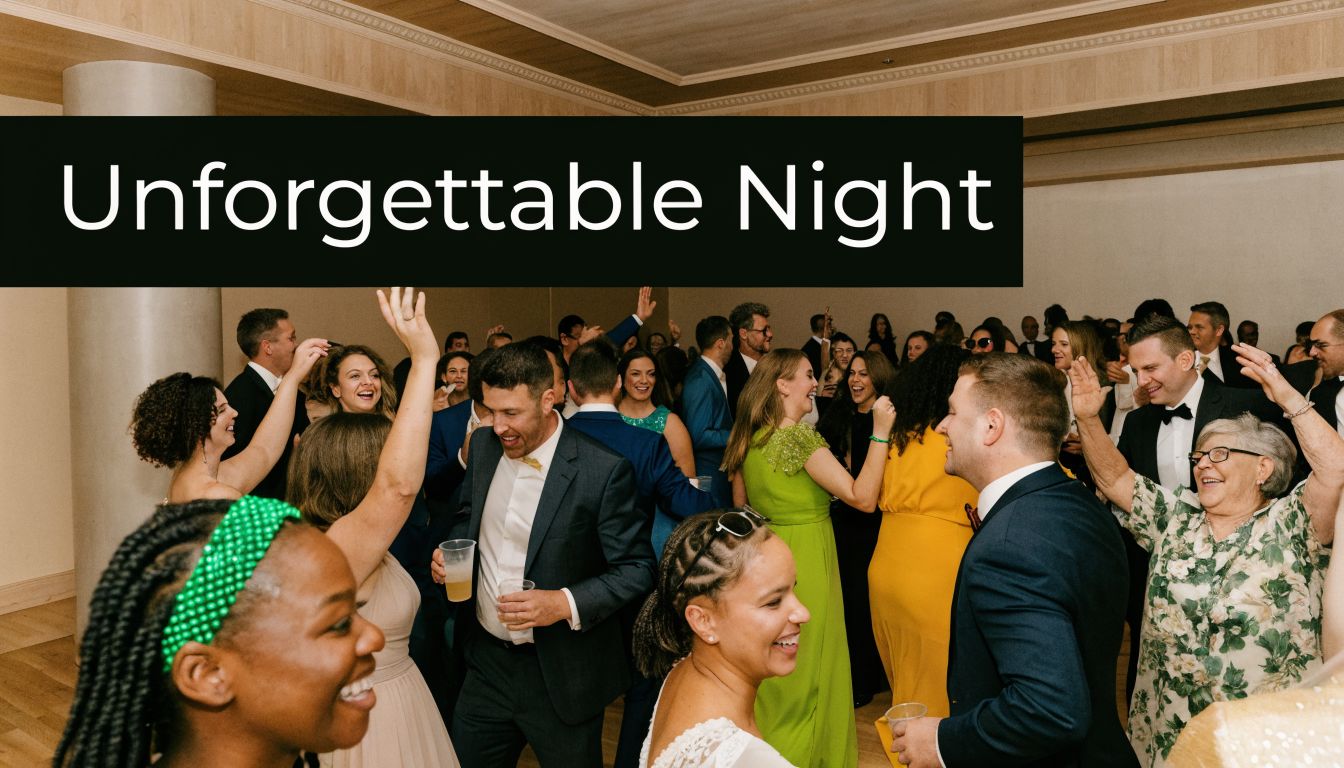 A diverse group of wedding guests dancing joyfully on the dance floor during an evening reception celebration.