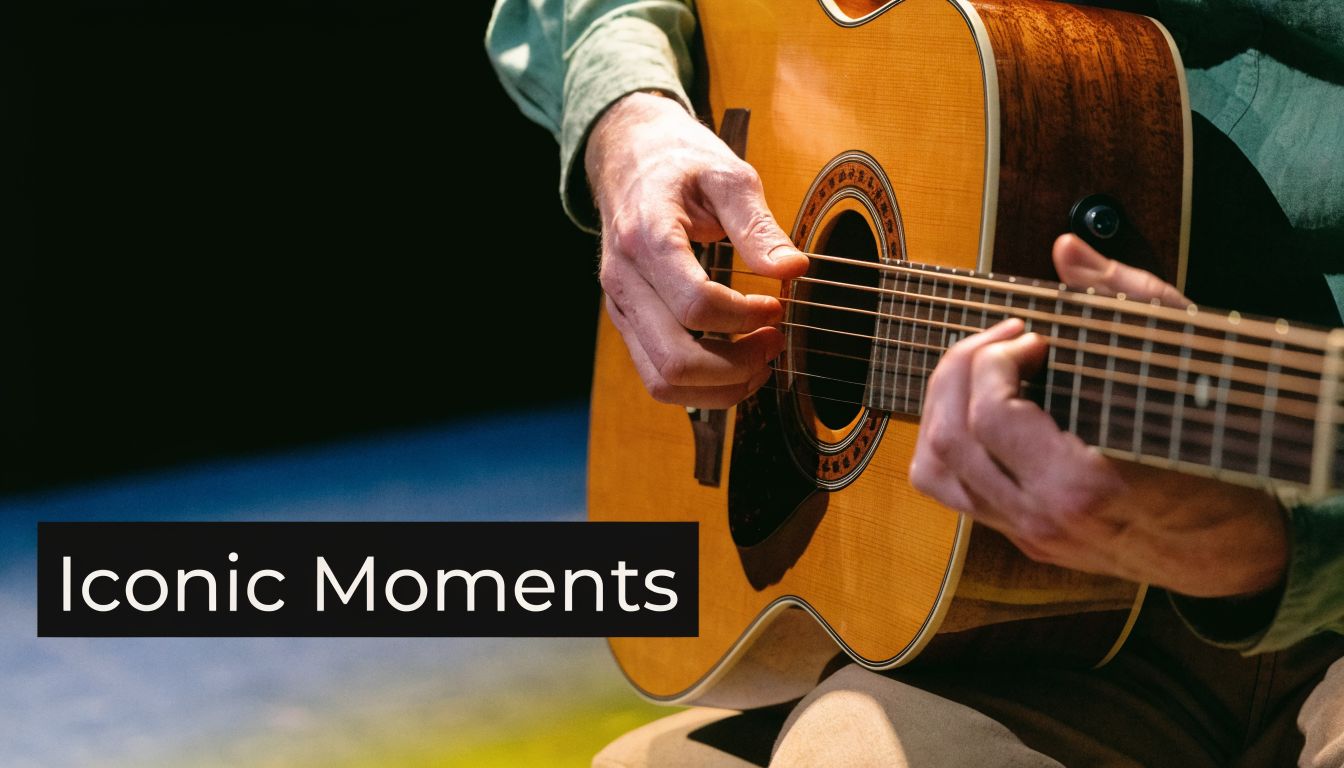 A close-up view of a musician playing an acoustic guitar on stage, capturing an iconic performance moment.