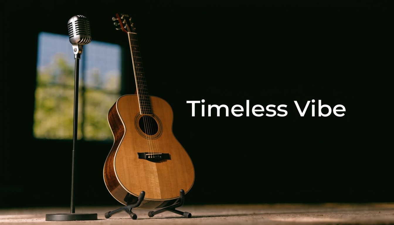 An acoustic guitar on a stand next to a vintage microphone with the text Timeless Vibe.