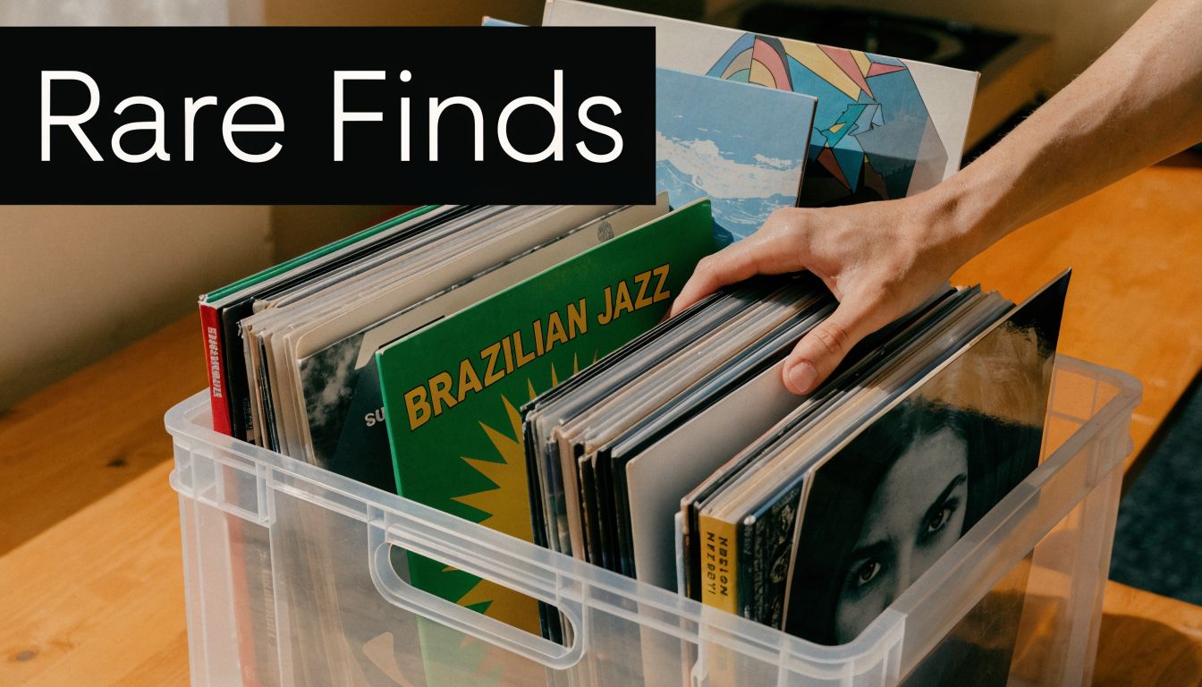 A hand pulling a vinyl record from a clear plastic storage bin filled with music albums.